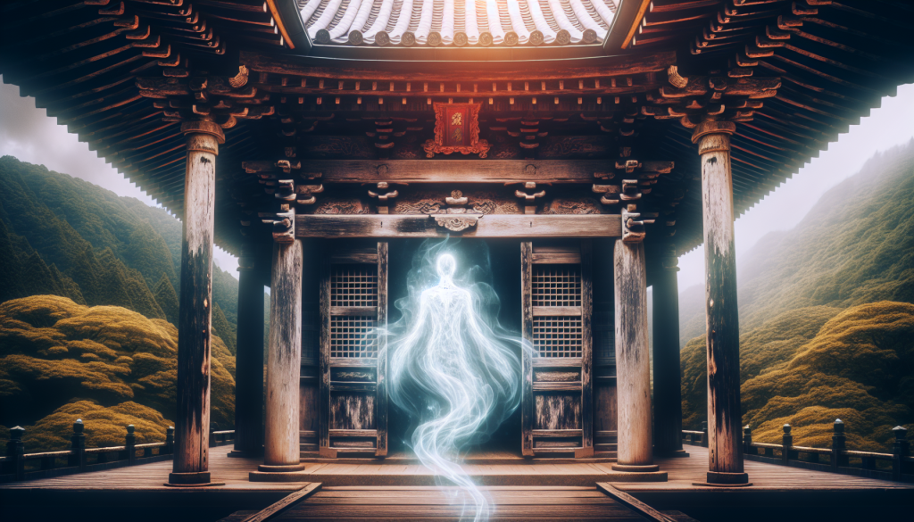 A ghostly figure in an ancient Japanese temple