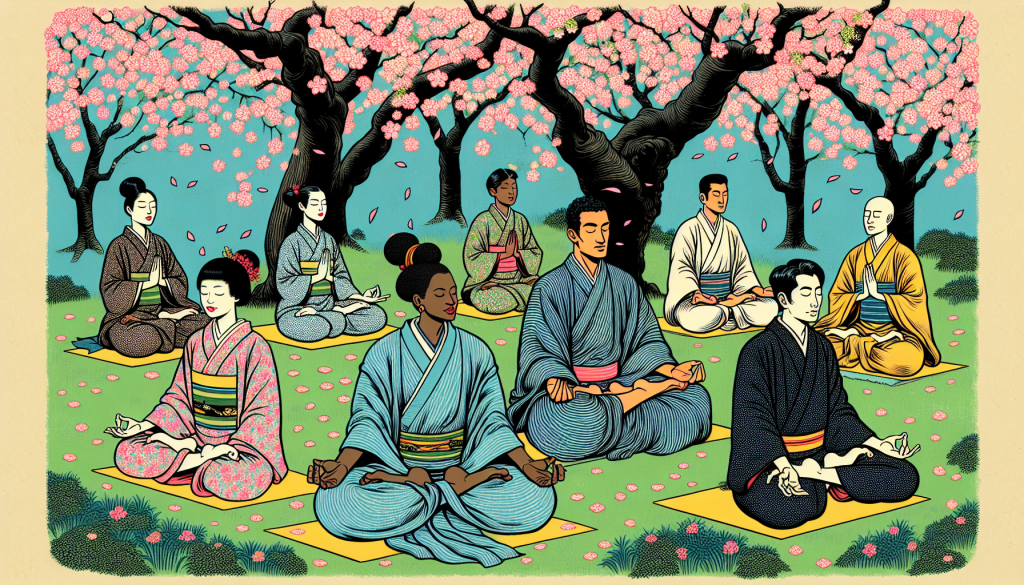 A group of people practicing mindfulness meditation in a park