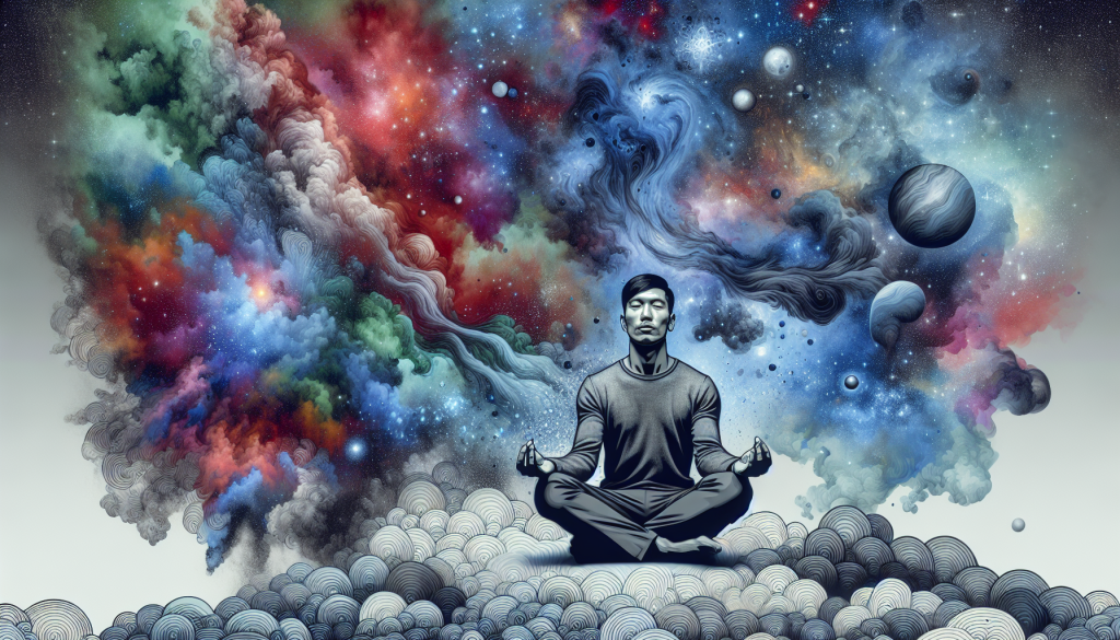A person meditating with cosmic visuals in the background