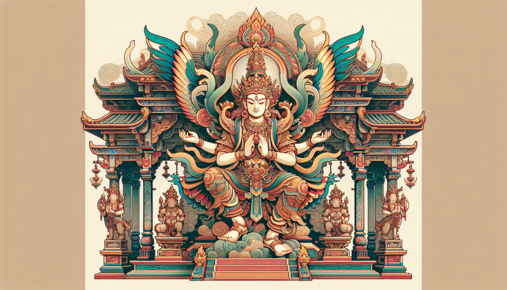 A representation of a Hindu guardian deity in a temple setting.