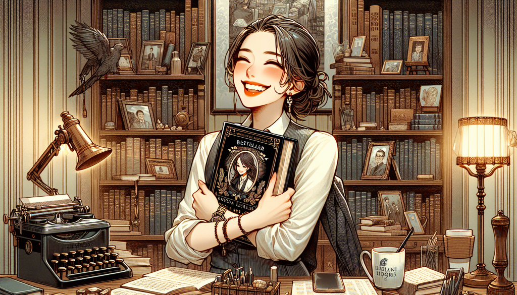 A successful author holding their bestselling book