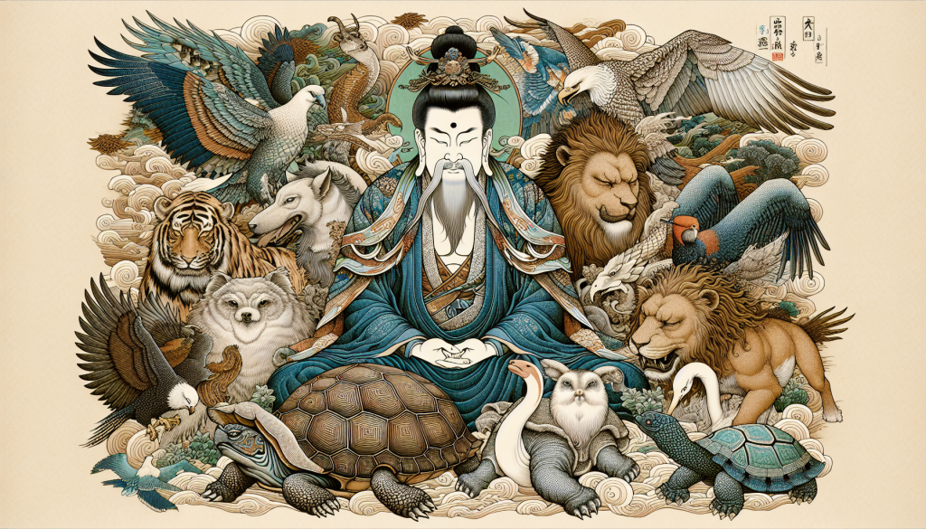 An illustration of a guardian deity with symbolic animals