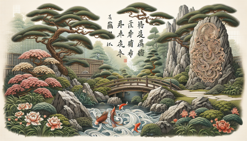 A peaceful Japanese garden with calligraphy