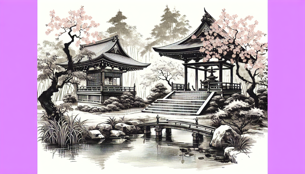 A serene Japanese shrine surrounded by nature