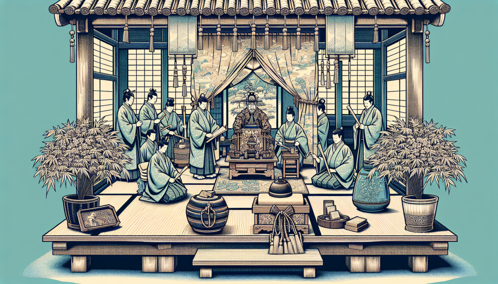 Scene depicting traditional Japanese ceremony involving words
